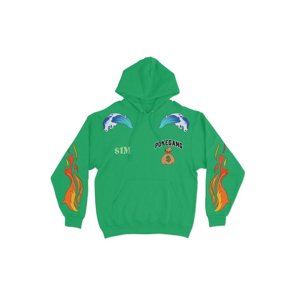PokeGang Unisex Green Long Sleeve Side Kangaroo Pocket Pullover Fleece Hoodie